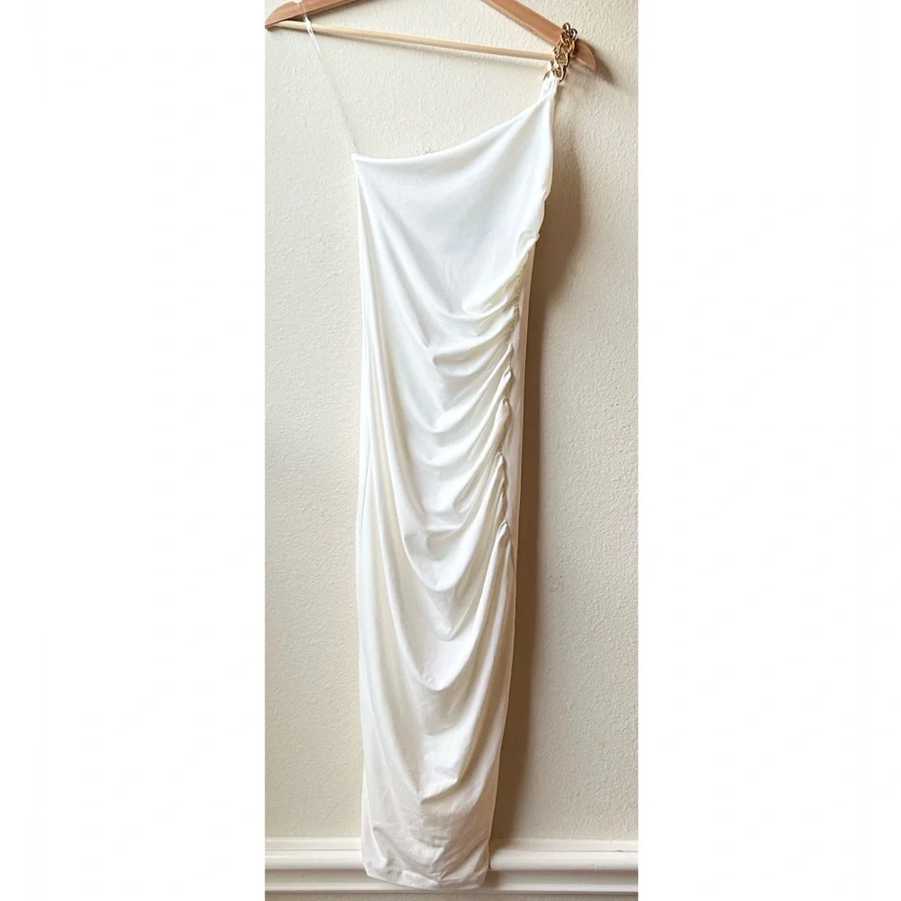 NWT Nookie Alyssa Chain One Shoulder Midi Dress Ivory White Sz S